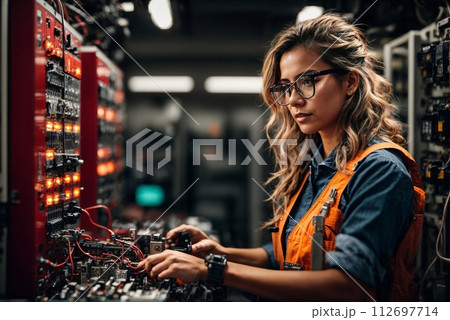 AI-generated content. An electrician woman in uniform and glasses inspects electrical equipment AI-generated content. An electrician woman in uniform and glasses inspects electrical equipment 112697714
