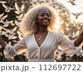 AI-generated content. Young Afro-American Woman with White Doves. 112697722