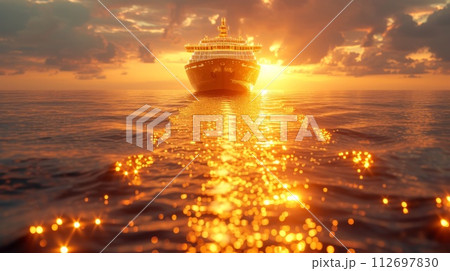 A ship with gold containers carries cargo by sea. Container ship 112697830