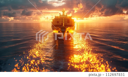A ship with gold containers carries cargo by sea. Container ship 112697831