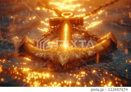 A golden anchor in the water in a golden light 112697874