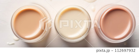 Creamy beige base fair tone product texture. Cosmetic face foundation smears set on white background. Makeup swatch. Trendy self-care procedures. Textured thick cosmetics tonal cream liquid powder 112697932