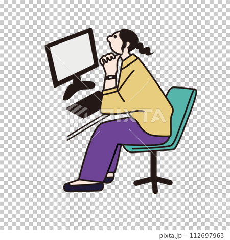 パソコンを見て考えている女性の線画ベクター 112697963