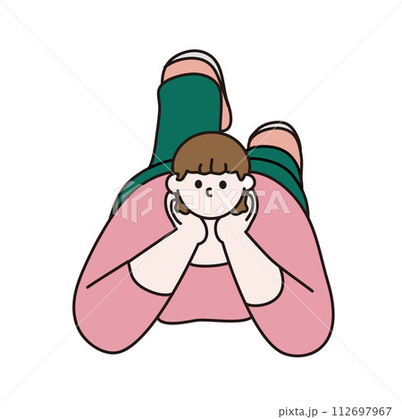 うつ伏せで肘をつく女性の線画ベクター 112697967