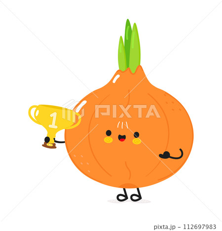 Cute funny Onion hold gold trophy cup. Vector hand drawn cartoon kawaii character illustration icon. Isolated on white background. Onion with winner trophy cup 112697983