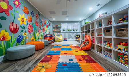 AI-generated content. Vibrant playroom with wall murals and creative storage solutions 112698546