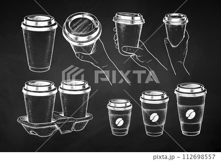 takeaway coffee and hands holding paper cups 112698557