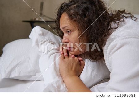 Unhappy woman suffering from nervous tension, emotional disorders, insomnia, psychological problems, breakup. 112698681