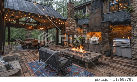 AI-generated content. Rustic outdoor kitchen and dining area with a fire pit and string lights 112698799