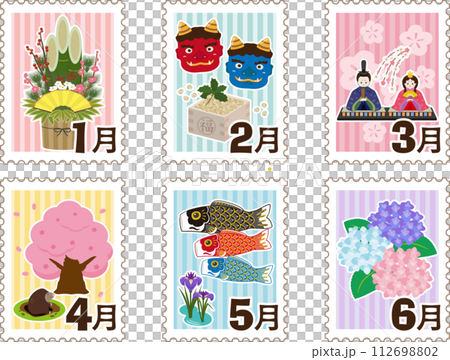 日曆標誌郵票風格一月至六月 日曆標誌郵票風格一月至六月 112698802