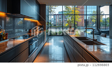 AI-generated content. Ultra-modern kitchen with smart appliances and sleek AI-generated content. Ultra-modern kitchen with smart appliances and sleek 112698803