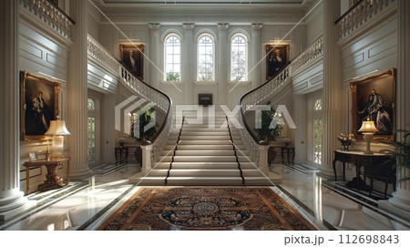 AI-generated content. Classic Georgian-style foyer with a grand staircase and detailed moldings 112698843