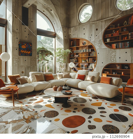 AI-generated content. Mid-century modern living room with iconic furniture and geometric patterns 112698904