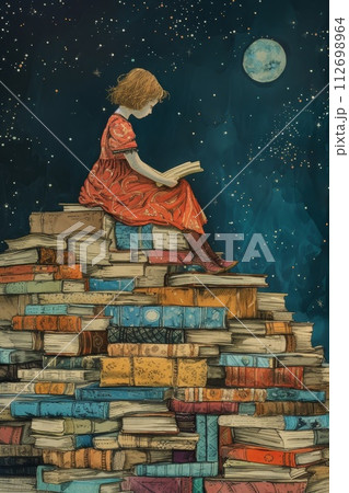 A girl is reading a book sitting on a mountain of books. Illustration 112698964
