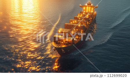A ship with gold containers carries cargo by sea. Container ship 112699020