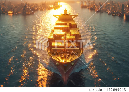 A ship with gold containers carries cargo by sea. Container ship 112699048