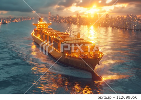 A ship with gold containers carries cargo by sea. Container ship 112699050