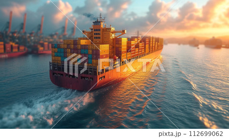A ship with gold containers carries cargo by sea. Container ship 112699062