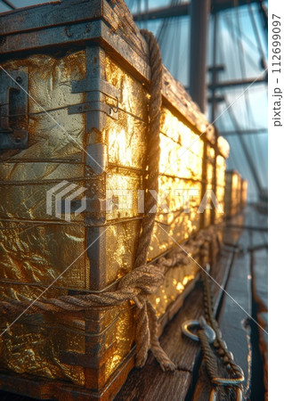 Gold containers with cargo on a container ship in the ocean 112699097