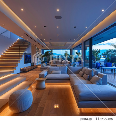 AI-generated content. High-tech smart home living room with integrated technology and sleek furniture AI-generated content. High-tech smart home living room with integrated technology and sleek furniture 112699360