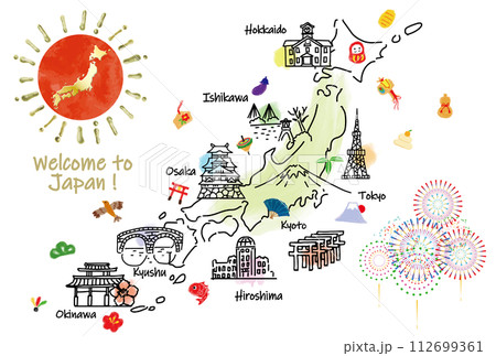 かわいい日本の観光地イラストマップ手描き線画 かわいい日本の観光地イラストマップ手描き線画 112699361