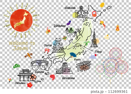 かわいい日本の観光地イラストマップ手描き線画 かわいい日本の観光地イラストマップ手描き線画 112699361