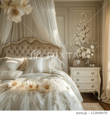 AI-generated content. Elegant bridal suite with soft lighting and delicate decor 112699470