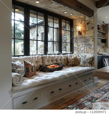 AI-generated content. Cozy breakfast nook with a built-in bench and natural light AI-generated content. Cozy breakfast nook with a built-in bench and natural light 112699471