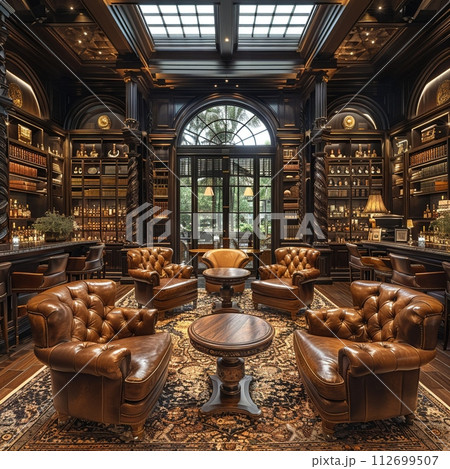AI-generated content. Sophisticated cigar lounge with rich leather chairs and wood accents AI-generated content. Sophisticated cigar lounge with rich leather chairs and wood accents 112699507