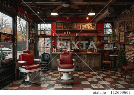 AI-generated content. Vintage barbershop interior with classic chairs and nostalgic decor AI-generated content. Vintage barbershop interior with classic chairs and nostalgic decor 112699662