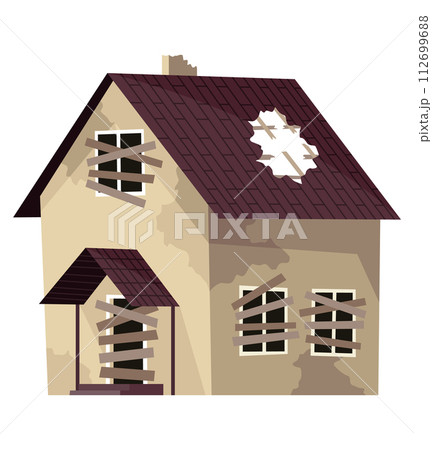 Old weathered house or dwelling. Abandoned home in bad condition. Bad old trouble building with damaged roof, shabby walls and exterior. Isolated neglected property Old weathered house or dwelling. Abandoned home in bad condition. Bad old trouble building with damaged roof, shabby walls and exterior. Isolated neglected property 112699688