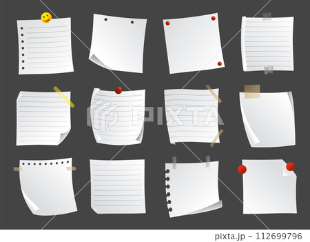 Lined sticky notes set. Blank note paper sheets. Information reminder. Notepads and memo messages, paper sheets. Vector illustration Lined sticky notes set. Blank note paper sheets. Information reminder. Notepads and memo messages, paper sheets. Vector illustration 112699796