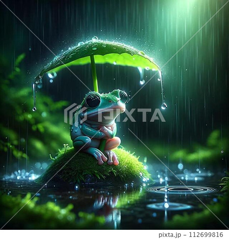 雨の中で傘をさすカエル 雨の中で傘をさすカエル 112699816