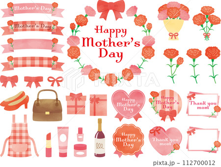 母の日のカーネーションとリボンの水彩風イラスト素材 112700012