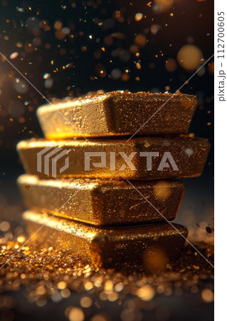 A stack of pure gold bars in gold dust on a black background. The concept of business and finance 112700605