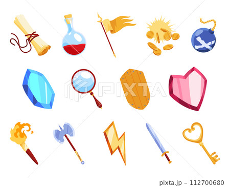 Game icons with heart, lightning, key, gold cup and star. Vector cartoon set of symbols for gui of rpg computer or mobile game, shield, sword, coins, potions and flag 112700680