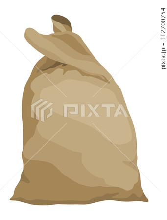 Burlap farmer bag with flour, rice or salt. Agricultural product. Farm production in brown textile bale, closed sack with product inside. Cartoon vector icon 112700754