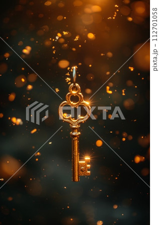 A golden key surrounded by sparkling lights on a black background. Business concepts of unlocking potential, the key to success, or financial opportunities 112701058