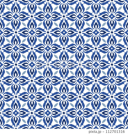 Hand drawn navy blue tile. Vector azulejo pattern. Traditional Lisbon style, Arabic Floral Mosaic. Mediterranean seamless ornament for textile, walpaper, flooring, garment. Decorative illustration. 112701316