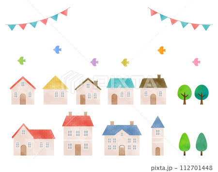 かわいい家のイラストセット_町並みの背景素材_水彩 112701448