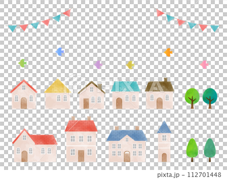 かわいい家のイラストセット_町並みの背景素材_水彩 112701448