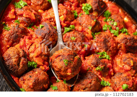 Albondigas, mexican meatballs in dish, top view 112702183