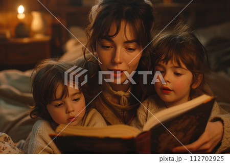 Concept world book day, Mother reads a book to two children. Generative AI 112702925