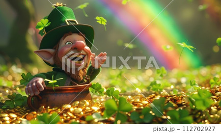 leprechaun surrounded by piles of gold in a field of four leaf clovers Rainbow abound. Generative AI 112702927