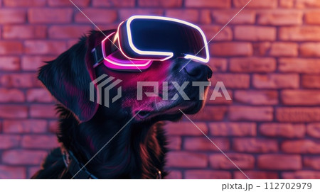 Dog wearing vision pro VR glasses, bone neon icon room background. Generative AI Dog wearing vision pro VR glasses, bone neon icon room background. Generative AI 112702979