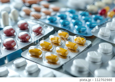 Pile of colorful medicine pills and capsules in blister packs. Generative AI Pile of colorful medicine pills and capsules in blister packs. Generative AI 112702980