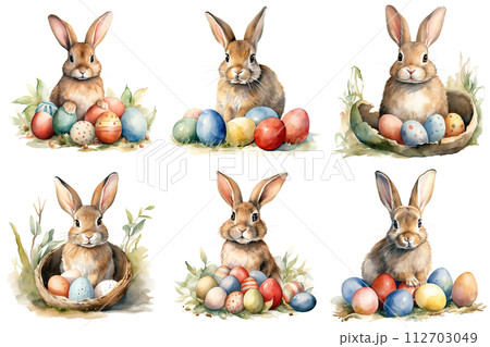 Watercolor Bunnies With Eggs Watercolor Bunnies With Eggs 112703049
