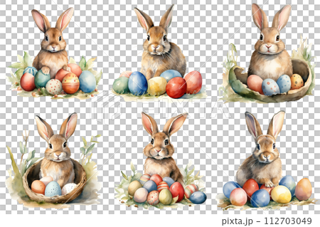 Watercolor Bunnies With Eggs Watercolor Bunnies With Eggs 112703049