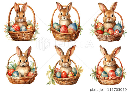 Adorable Easter Bunny in Basket with Colorful Eggs 112703059