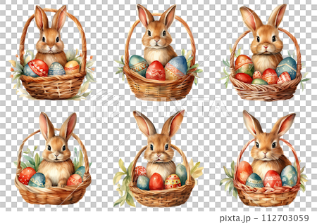 Adorable Easter Bunny in Basket with Colorful Eggs 112703059